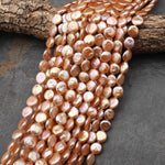 AAA+ Natural Metallic Golden Orange Peach Coin Pearl 10mm Iridescent High Quality Real Genuine Freshwater Pearl Beads 15.5" Strand