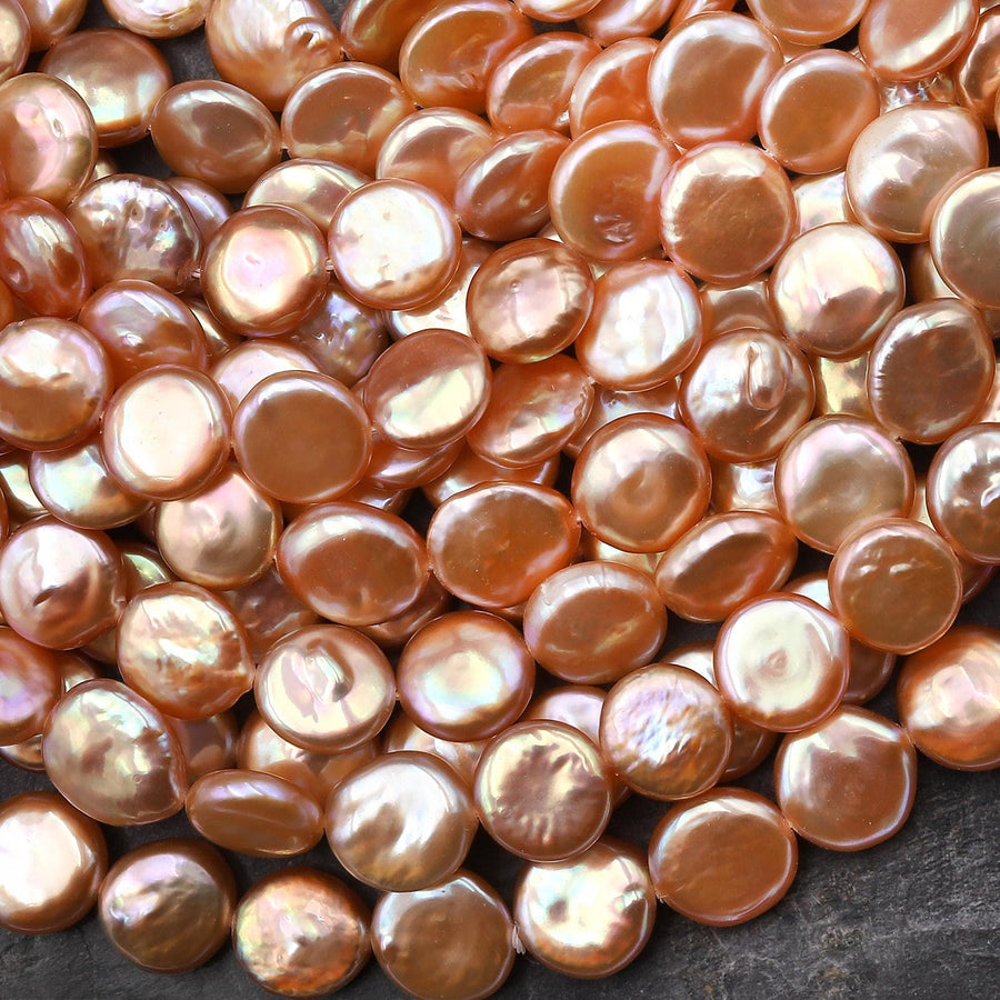 AAA+ Natural Metallic Golden Orange Peach Coin Pearl 10mm Iridescent High Quality Real Genuine Freshwater Pearl Beads 15.5" Strand