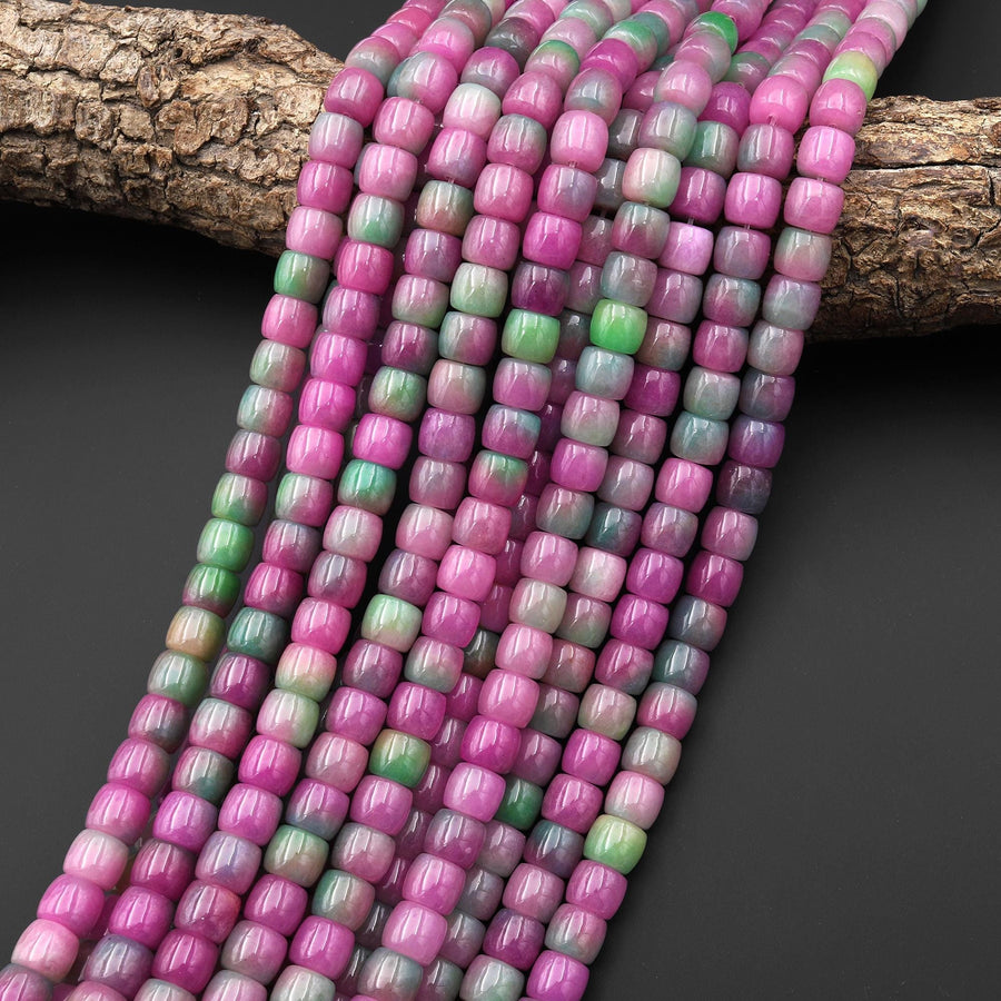 Spring Flower Garden - Mixed-Color Jade 8mm Smooth Short Cylinder Barrel Rondelle Beads 15.5" Strand