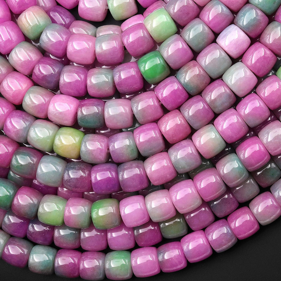 Spring Flower Garden - Mixed-Color Jade 8mm Smooth Short Cylinder Barrel Rondelle Beads 15.5" Strand