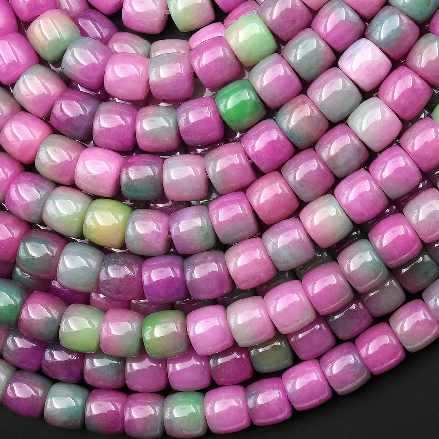 Spring Flower Garden - Mixed-Color Jade 8mm Smooth Short Cylinder Barrel Rondelle Beads 15.5" Strand