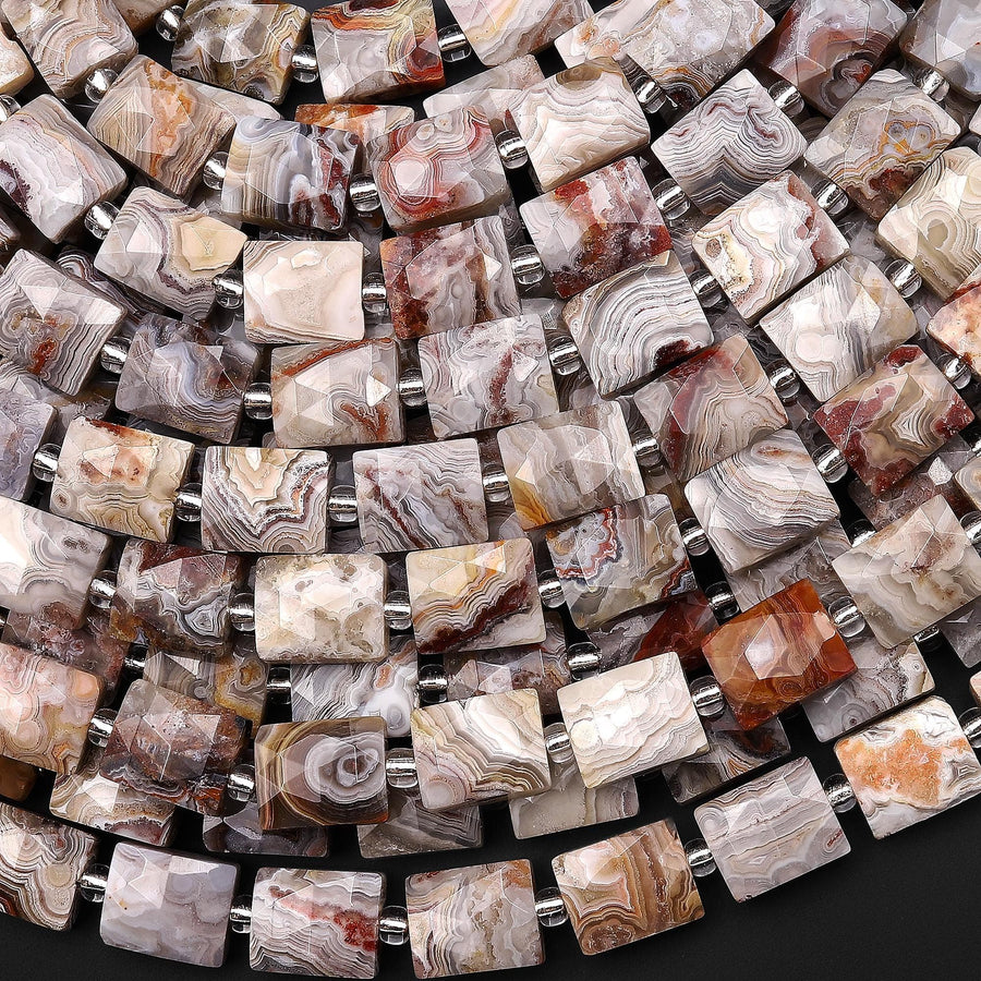 Faceted Natural Laguna Lace Agate Rectangle Cushion 8x10mm Beads 15.5" Strand