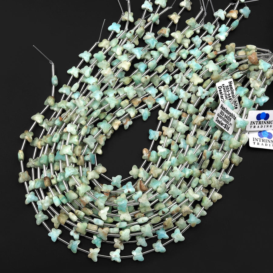 Faceted Natural Hemimorphite Butterfly Beads 10mm Carved Gemstone 15.5" Strand