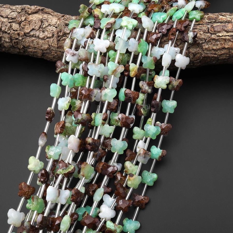 Faceted Natural Australian Green Brown Chrysoprase Butterfly Beads 10mm Carved Gemstone 15.5" Strand