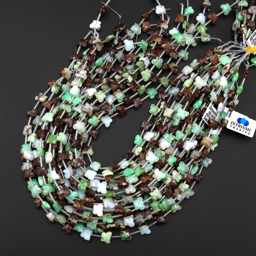 Faceted Natural Australian Green Brown Chrysoprase Butterfly Beads 10mm Carved Gemstone 15.5" Strand