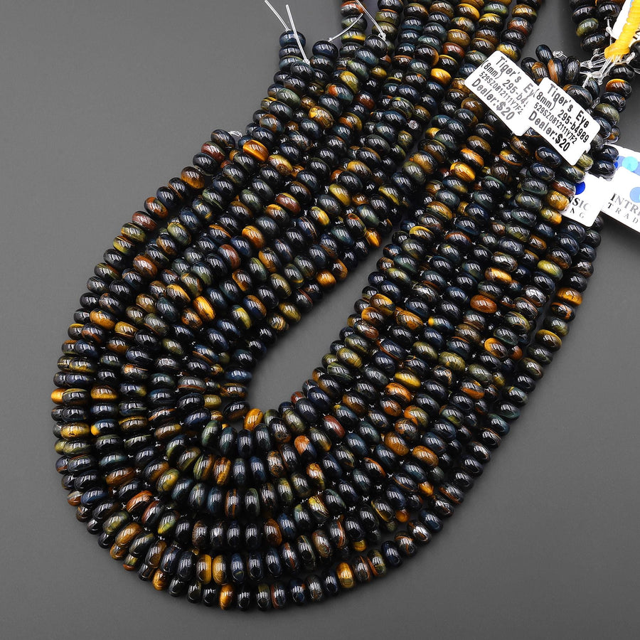 AAA Natural Blue Golden Brown Tiger's Eye Beads 8mm Smooth Rondelle 15.5" Strand