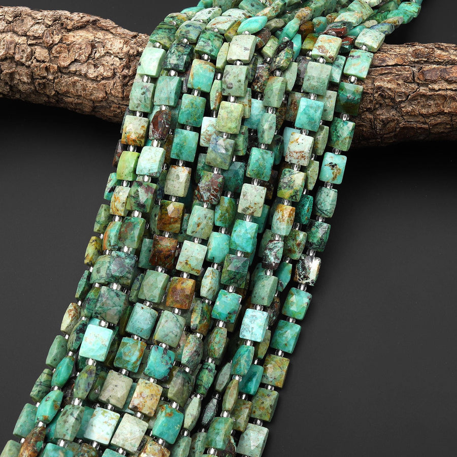Faceted Natural Chrysocolla Rectangle Cushion 8x10mm Beads 15.5" Strand