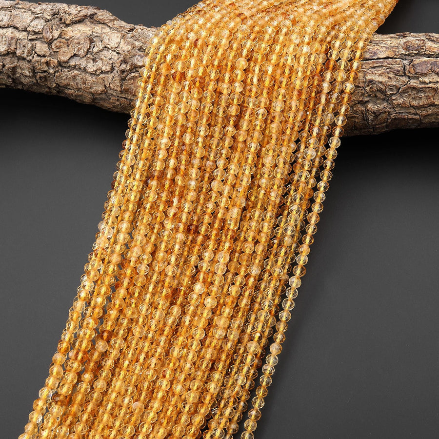 AAA Natural Citrine Faceted 3mm 4mm Round Beads Laser Diamond Cut Gemstone 15.5" Strand