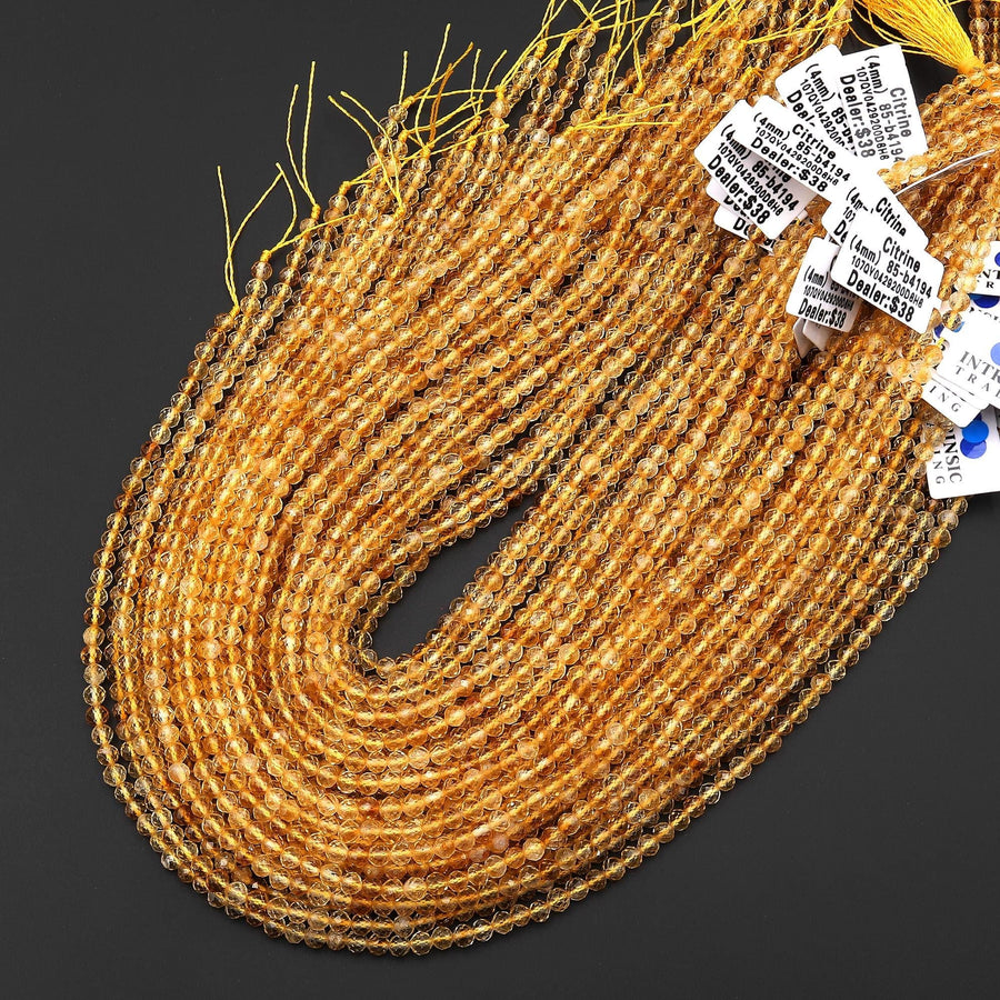 AAA Natural Citrine Faceted 3mm 4mm Round Beads Laser Diamond Cut Gemstone 15.5" Strand