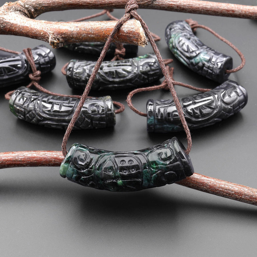 Hand Carved Natural Black Green Guatemalan Jade Curved Crescent Arc Pendant A1