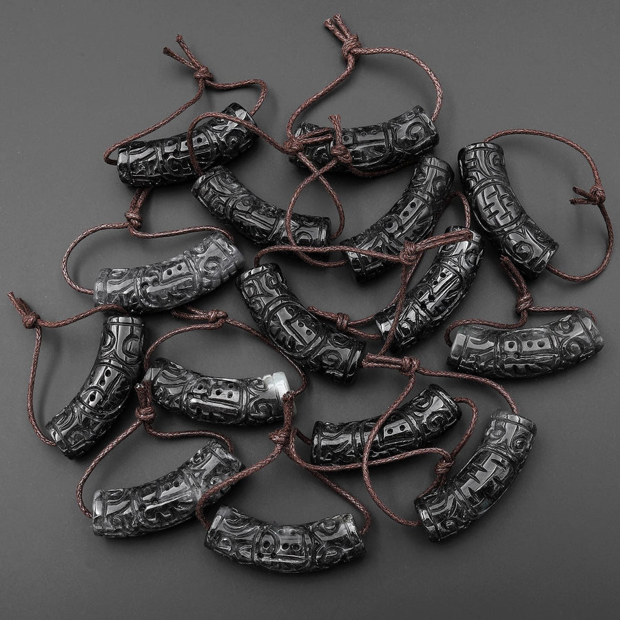 Hand Carved Natural Smoky Dark Gray Guatemalan Jade Curved Crescent Arc Pendant