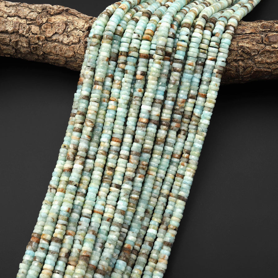 Faceted Natural Blue Hemimorphite Heishi Rondelle Beads 6mm 15" Strand