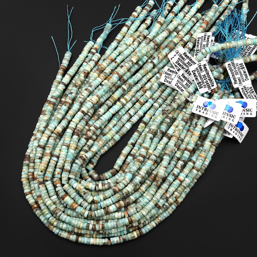 Faceted Natural Blue Hemimorphite Heishi Rondelle Beads 6mm 15" Strand
