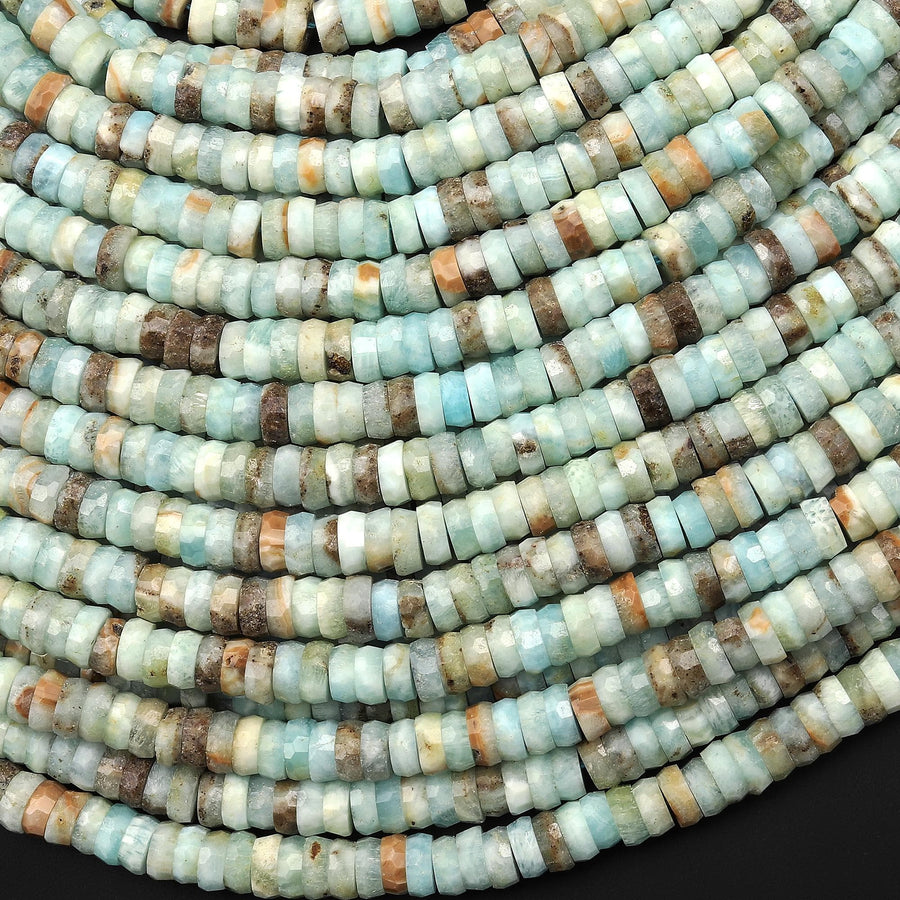 Faceted Natural Blue Hemimorphite Heishi Rondelle Beads 6mm 15" Strand