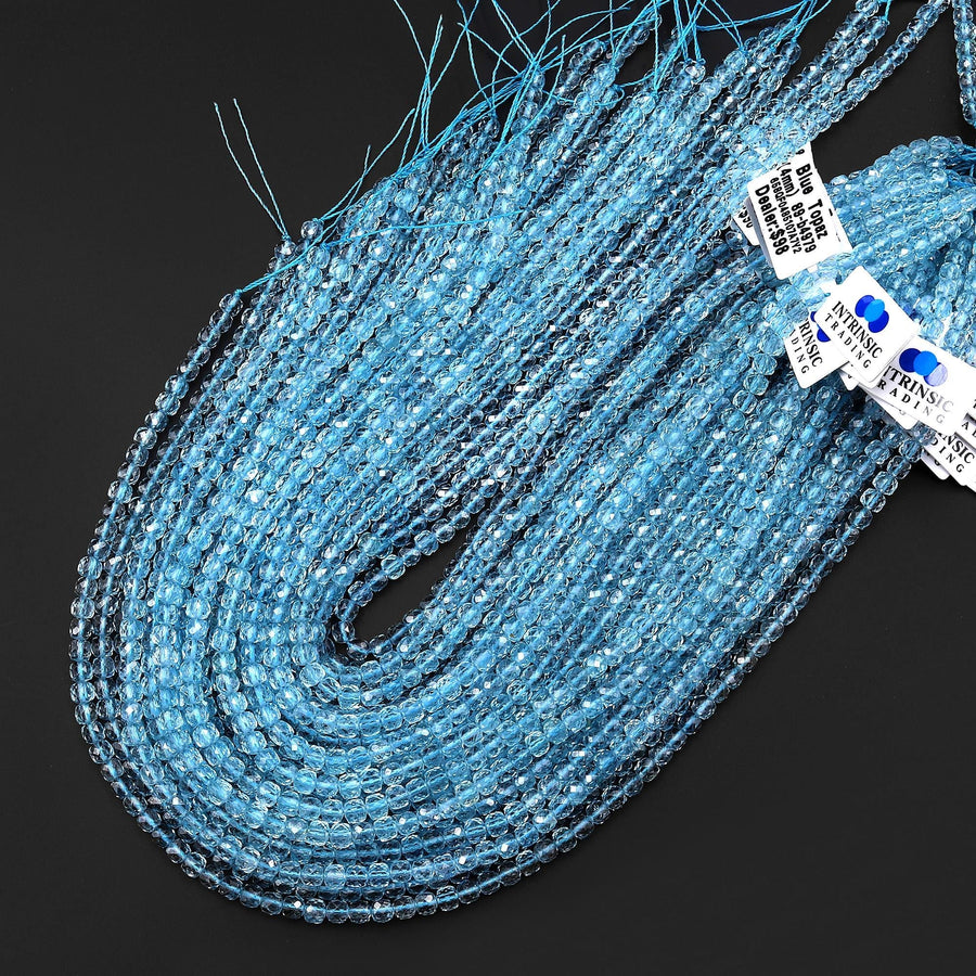 AAA Natural Blue Topaz 4mm Faceted Cube Beads Gemstone 15.5" Strand