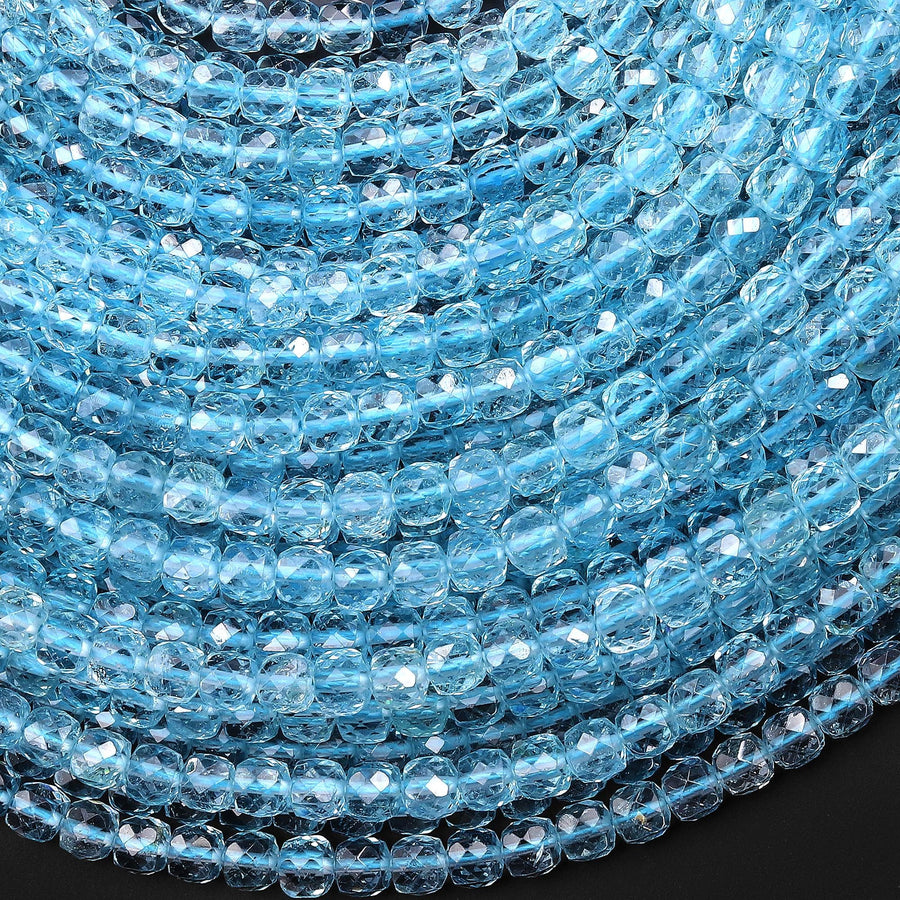 AAA Natural Blue Topaz 4mm Faceted Cube Beads Gemstone 15.5" Strand
