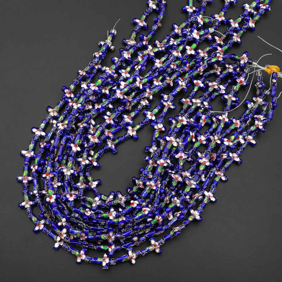 Royal Blue Pink Green Cloisonné Cross Bead 12x18mm Decorative Floral 15.5" Strand