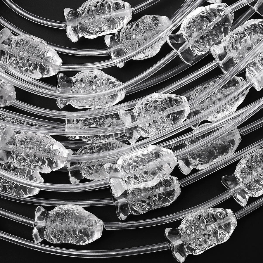AAA Natural Clear Rock Quartz Crystal Hand Carved Gemstone Koi Fish Beads 20mm