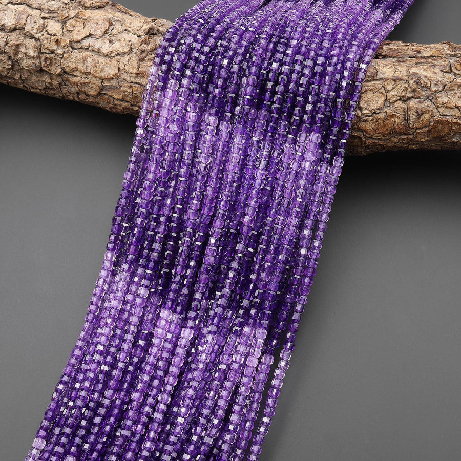 AAA Natural Purple Amethyst 3mm Faceted Cube Ombre Gemstone Beads 15.5" Strand