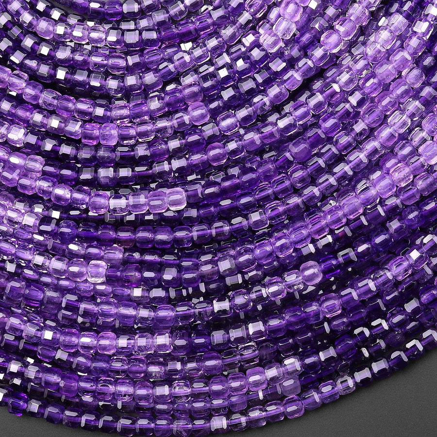 AAA Natural Purple Amethyst 3mm Faceted Cube Ombre Gemstone Beads 15.5" Strand