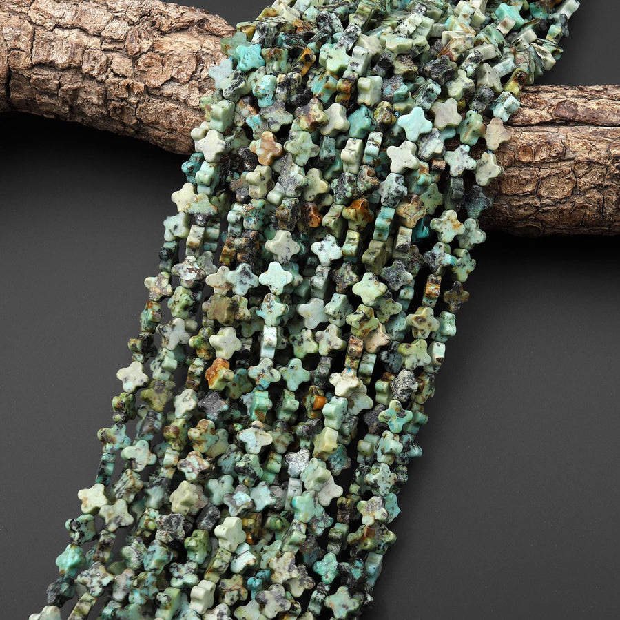 Lucky 4 Four Leaf Clover Faceted Beads Natural African Turquoise Carved 8mm Gemstone 15.5" Strand
