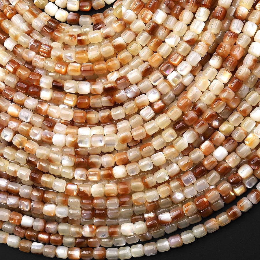 Natural Soft Golden Caramel Mother of Pearl Shell Small Cylinder Rounded Drum Tube Beads 3mm 15.5" Strand
