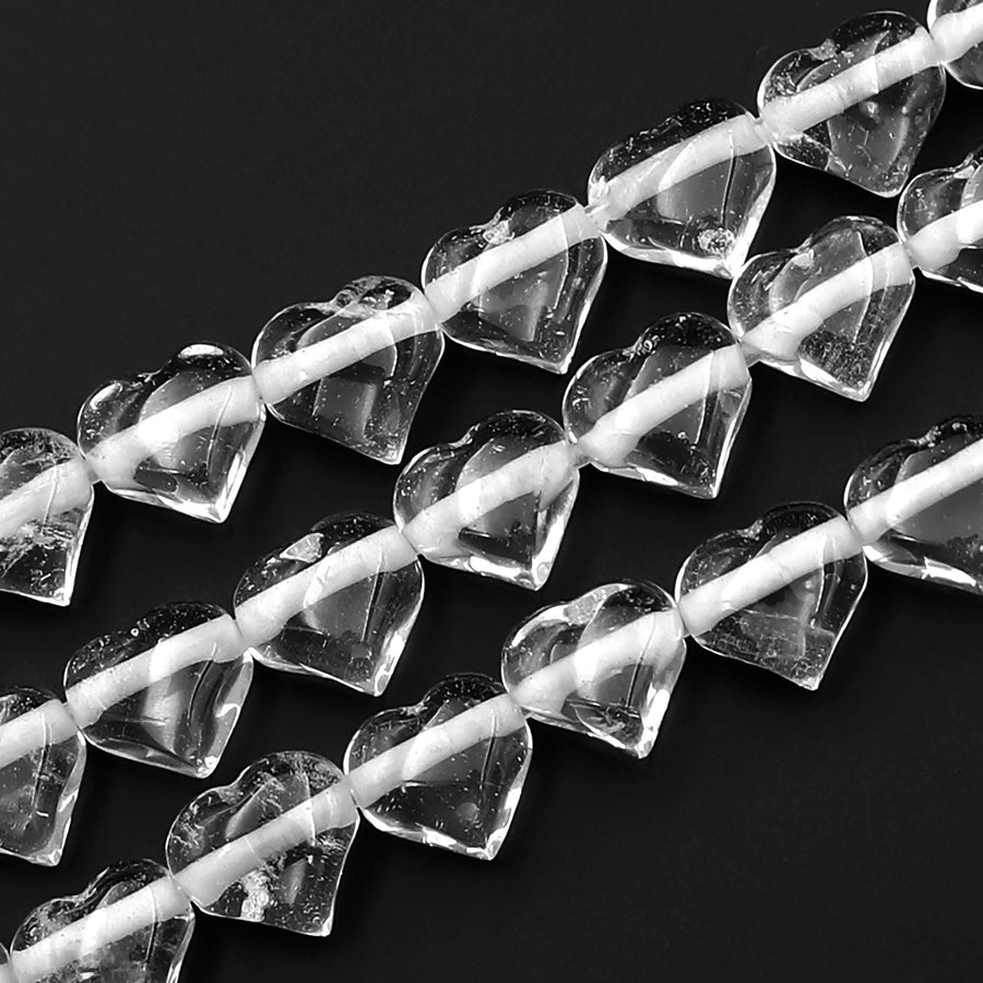 Natural Rock Crystal Quartz Beads Gemstone Puffy Heart Horizontally Drilled 10mm 12mm 14mm 7.5" Strand