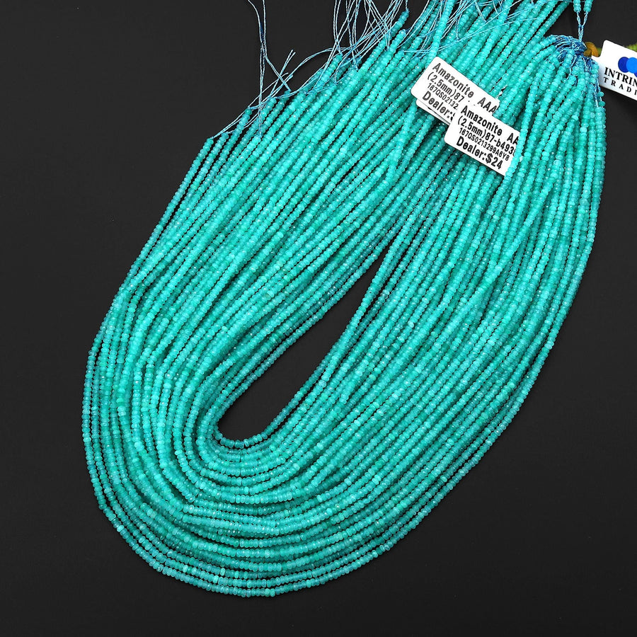AAA Faceted Natural Peruvian Sea Blue Green Amazonite 2mm 3mm Thin Rondelle Beads Gemstone 15.5" Strand