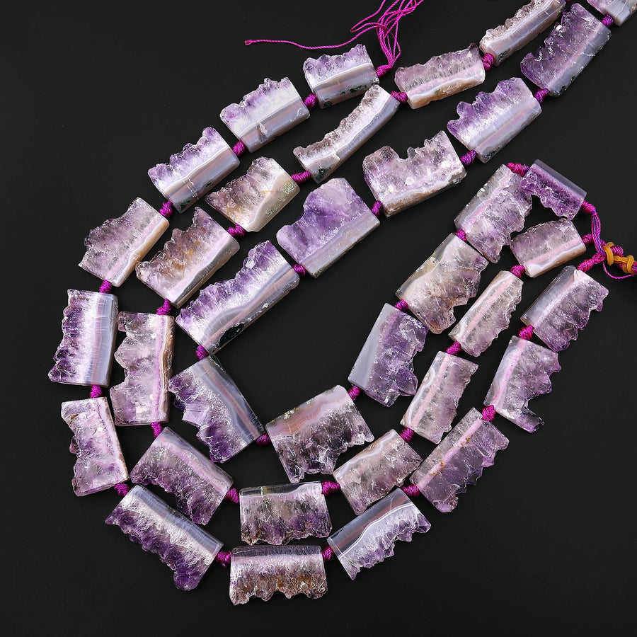 Natural Purple Amethyst Stalactite Slice Pendant Beads Side Drilled Rectangle Gemstone 15.5" Strand B1709