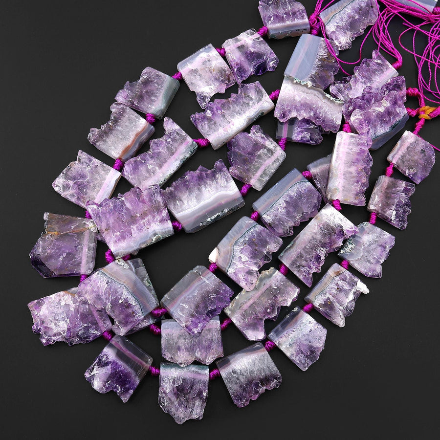 Natural Purple Amethyst Stalactite Slice Pendant Beads Side Drilled Rectangle Gemstone 15.5" Strand B1711