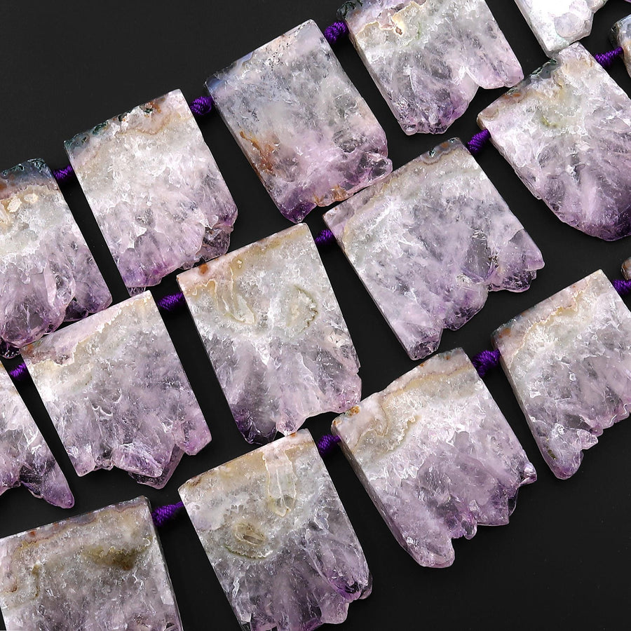 Natural Purple Amethyst Stalactite Slice Pendant Beads Side Drilled Rectangle Gemstone 15.5" Strand B1706