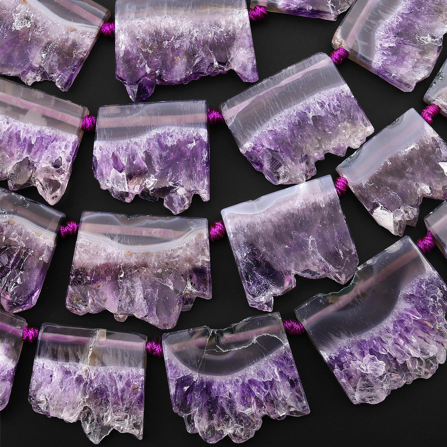 Natural Purple Amethyst Stalactite Slice Pendant Beads Side Drilled Rectangle Gemstone 15.5" Strand B1708