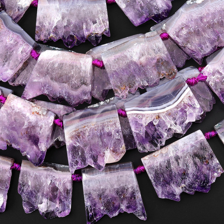 Natural Purple Amethyst Stalactite Slice Pendant Beads Side Drilled Rectangle Gemstone 15.5" Strand B1708