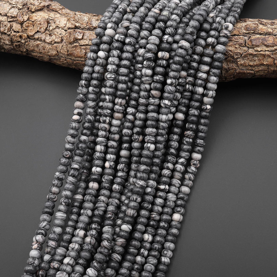 Natural Black Web Jasper 6mm Rondelle Beads 15.5" Strand