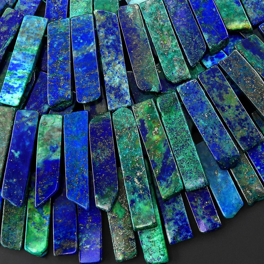 Blue Green Chrysocolla Azurite Looking Lapis Beads Cleopatra Style Freeform Rectangle 15.5" Strand