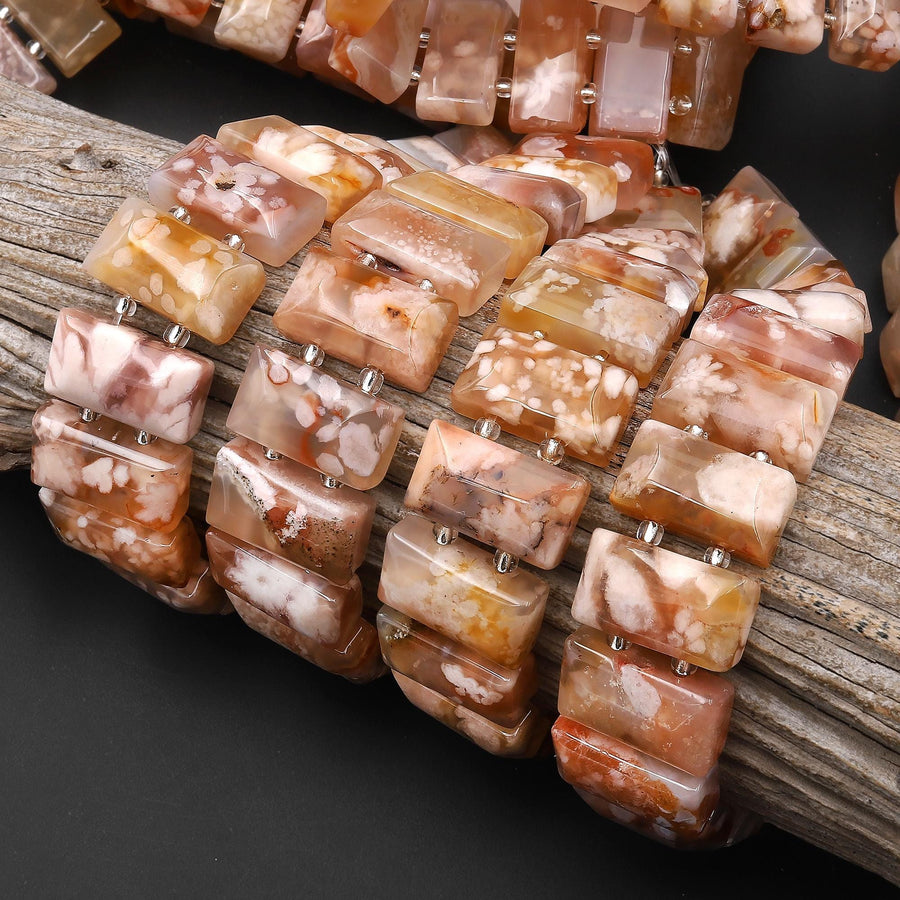 AAA Double Drilled Natural Soft Peach Pink Cherry Blossom Agate Aka Flower Agate 20x10mm Rectangle Title Bracelet Beads 8" Strand