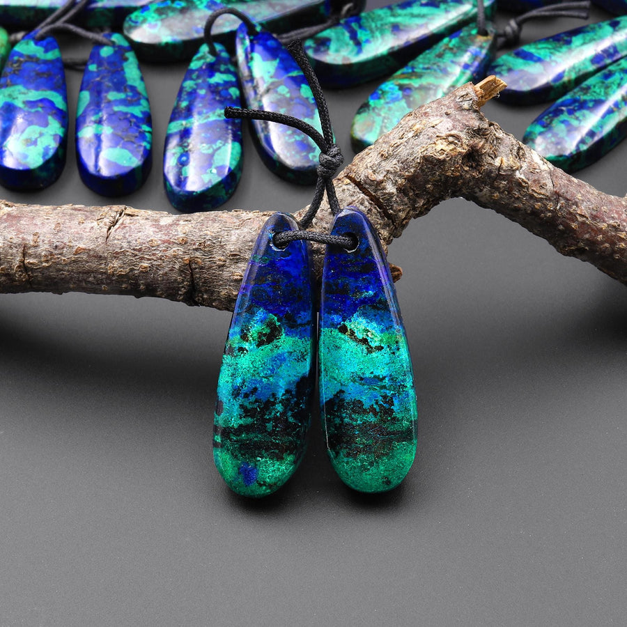Drilled Natural Azurite Chrysocolla Teardrop Earring Pair Matched Gemstone Stone Beads A2