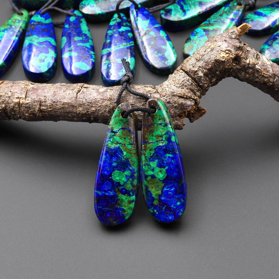 Drilled Natural Azurite Chrysocolla Teardrop Earring Pair Matched Gemstone Stone Beads A9