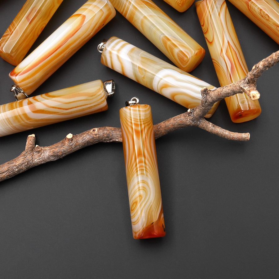 Natural Orange Yellow Carnelian Long Cylinder Pendant Natural Crystal Focal Bead A33