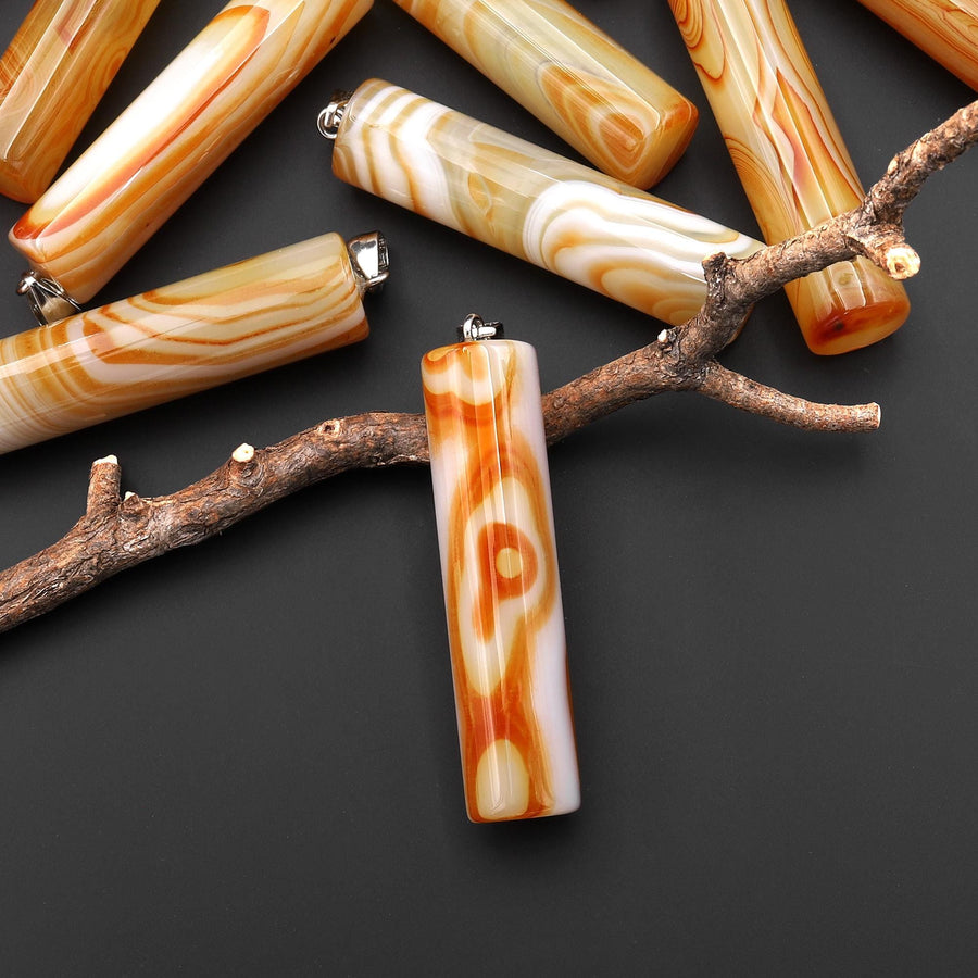 Natural Orange Yellow Carnelian Long Cylinder Pendant Natural Crystal Focal Bead A55