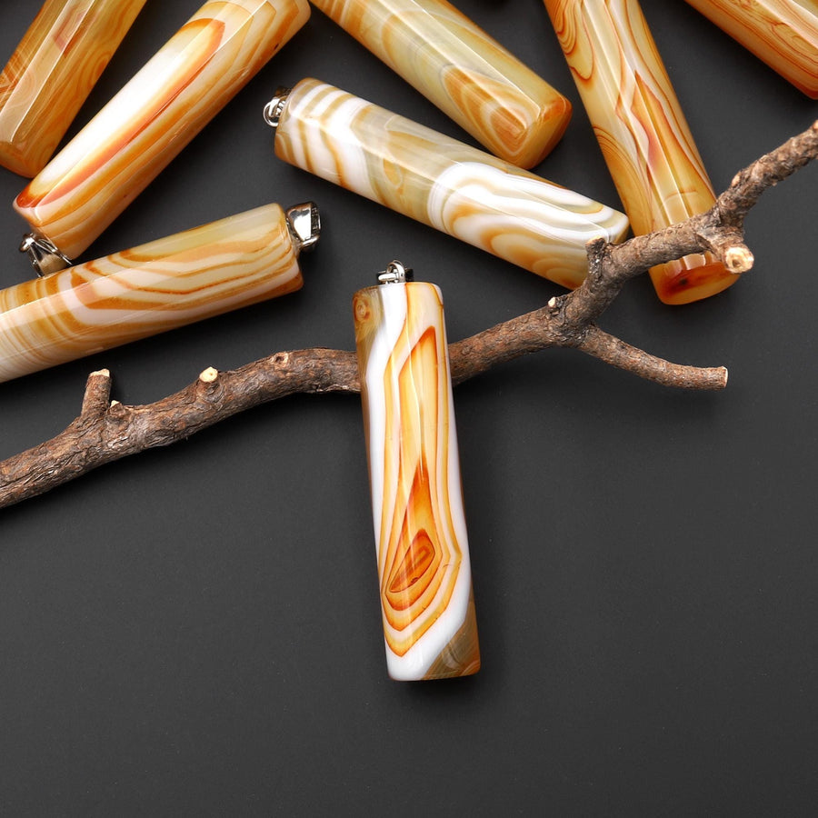 Natural Orange Yellow Carnelian Long Cylinder Pendant Natural Crystal Focal Bead A66
