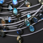 Natural Labradorite Smooth Teardrop Pear Briolette Beads 10x14mm Brilliant Blue Green Golden Flashes Fire Good For Earrings Strand