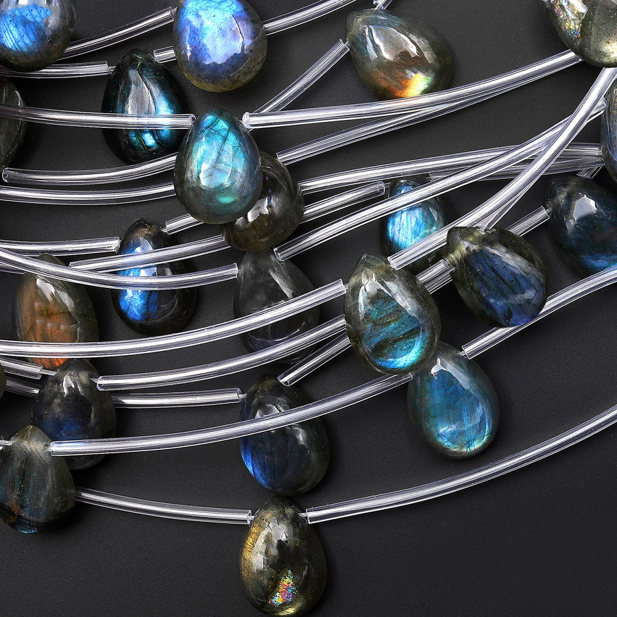 Natural Labradorite Smooth Teardrop Pear Briolette Beads 10x14mm Brilliant Blue Green Golden Flashes Fire Good For Earrings Strand
