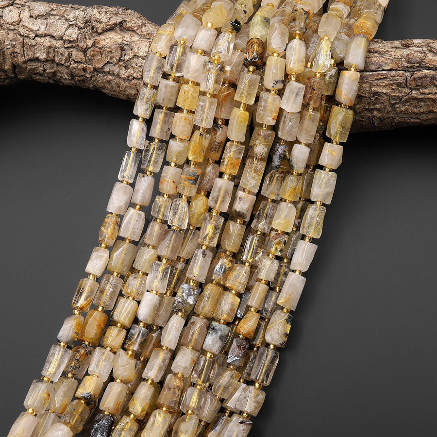 Natural Titanium Golden Rutile Quartz Beads Tube Beads Gemstone 15.5" Strand