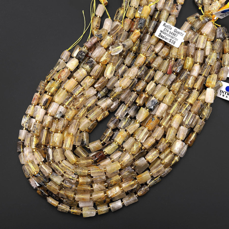 Natural Titanium Golden Rutile Quartz Beads Tube Beads Gemstone 15.5" Strand