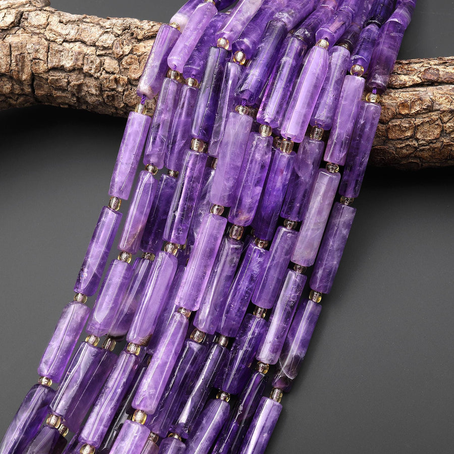 Natural Purple Amethyst Thin Long Hand Faceted Rectangle Tube Beads 15.5" Strand
