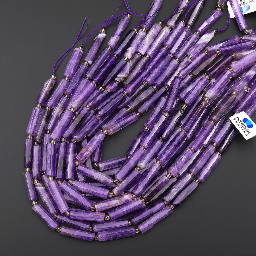 Natural Purple Amethyst Thin Long Hand Faceted Rectangle Tube Beads 15.5" Strand