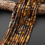 Natural Tiger's Eye Thin Long Hand Faceted Rectangle Tube Beads 15.5" Strand