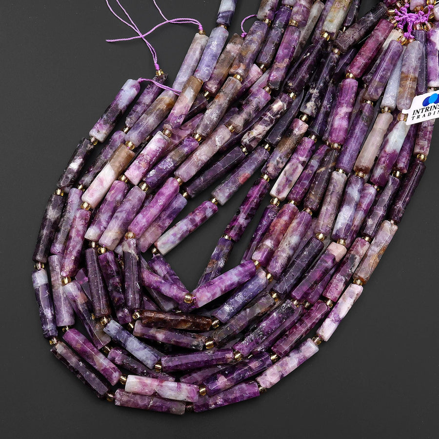 Natural Purple Mica Thin Long Hand Faceted Rectangle Tube Beads 15.5" Strand