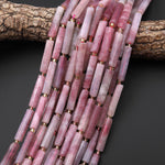 Natural Madagascar Rose Quartz Thin Long Hand Faceted Rectangle Tube Beads 15.5" Strand